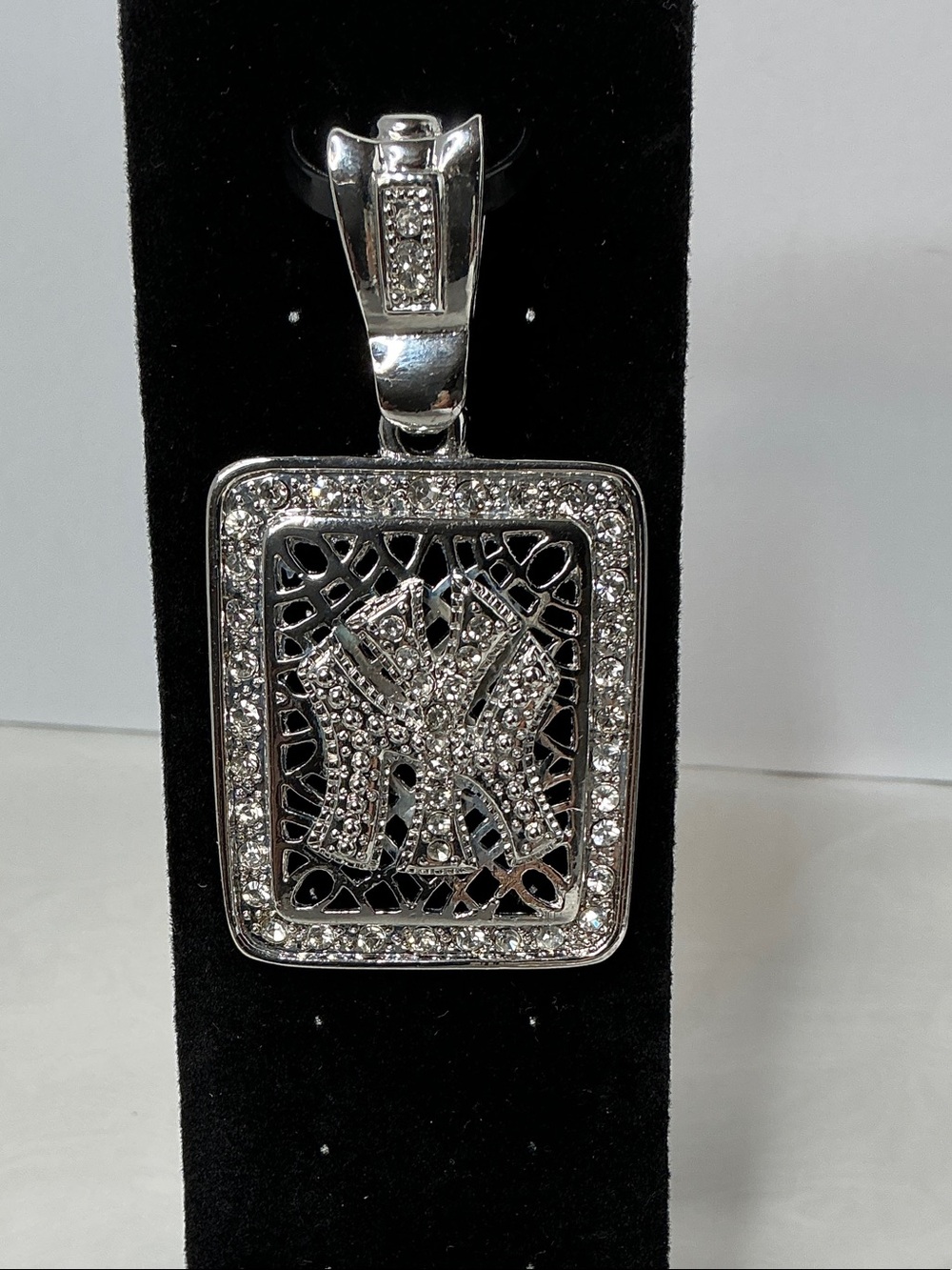 Stainless steel Crystal Pavé (cz) New York Yankee Pendant Necklace - Silver tone